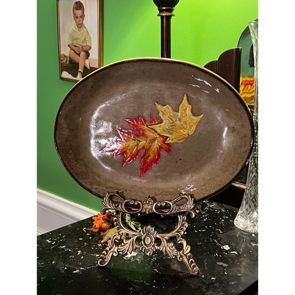 Vintage Autumn Decor Fall Leaves Serving Platter Maple Leaves Pottery - Picture 3 of 9